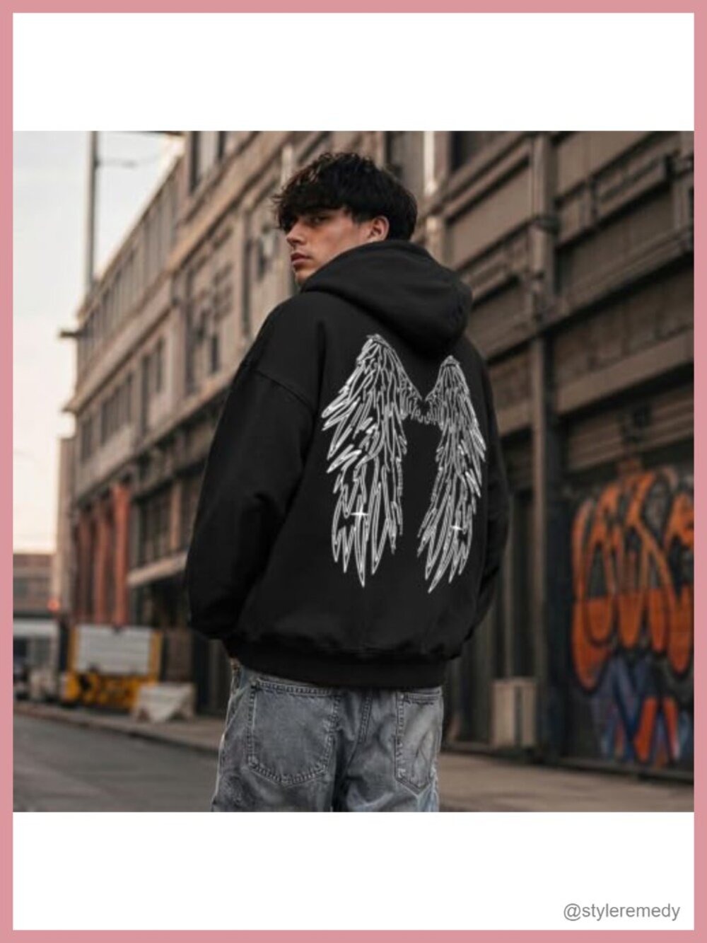Mens Graphic Hoodie Angel Wings Back Print Streetwear Vintage Pullover Y2K - Picture 4 of 6